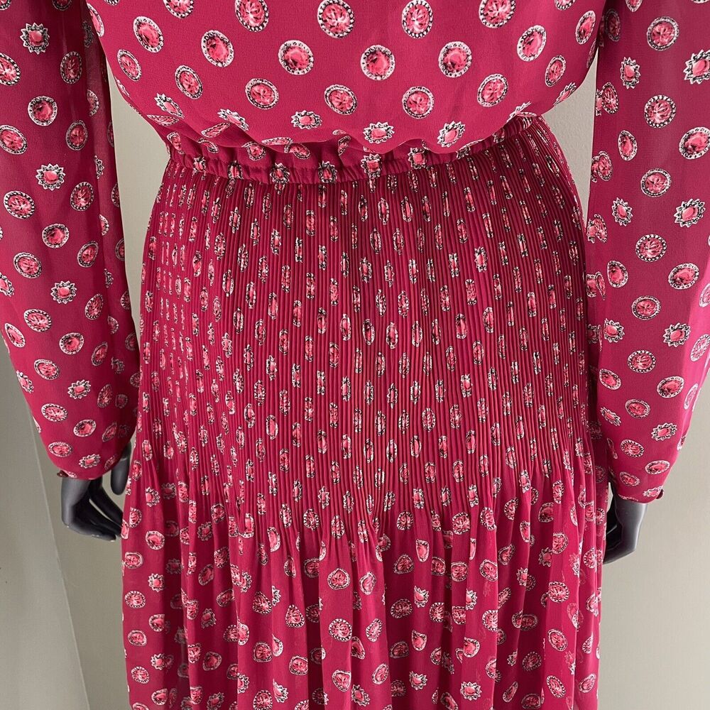 Elle Pink Pleated Dress Long Sleeve Jewel Print strawberry Pink XS - Picture 7 of 13